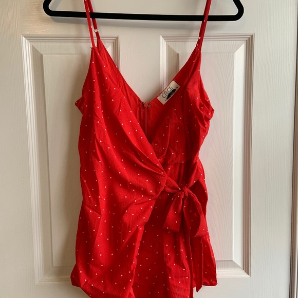CAGE - MEDIUM - Mini - Red w/ white polka dots - romper - front tie back zip - Picture 1 of 4